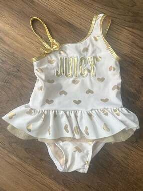 Juicy Couture Baby Girls Gold Heart Ruffle One-Piece Swimsuit, 24M